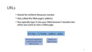 21
URLs
• Stands for Uniform Resource Locator
• Also called the Web page’s address
• You typically type it into your Web browser’s location bar
when you want to view a Web page
http://www.umbc.edu
Name of
Web server
Protocol needed to
communicate with
Web server
 