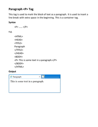 Paragraph Style Syntaxn Html Project Report on HTML | DOCX