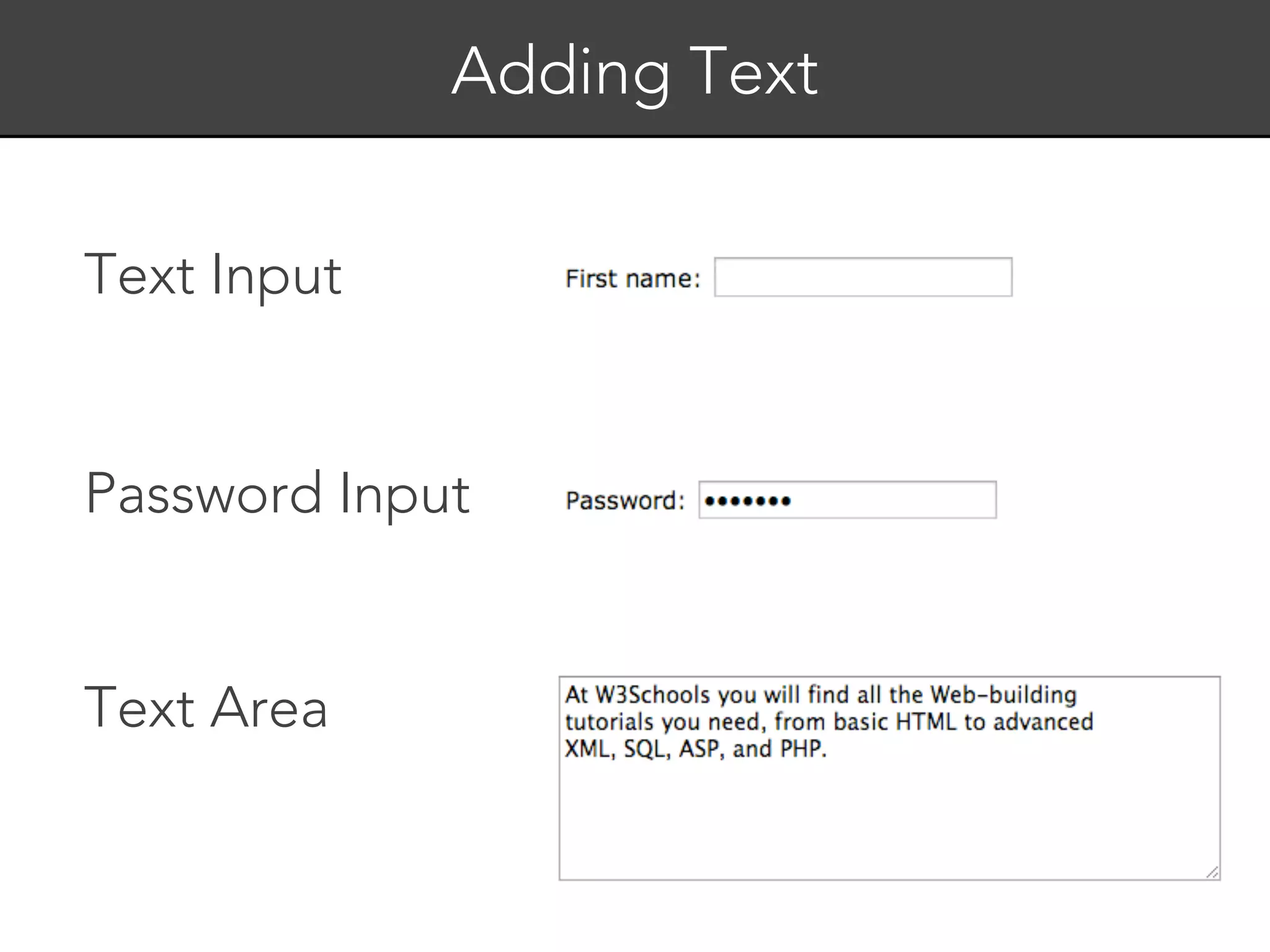 Adding Text


Text Input


Password Input


Text Area
 