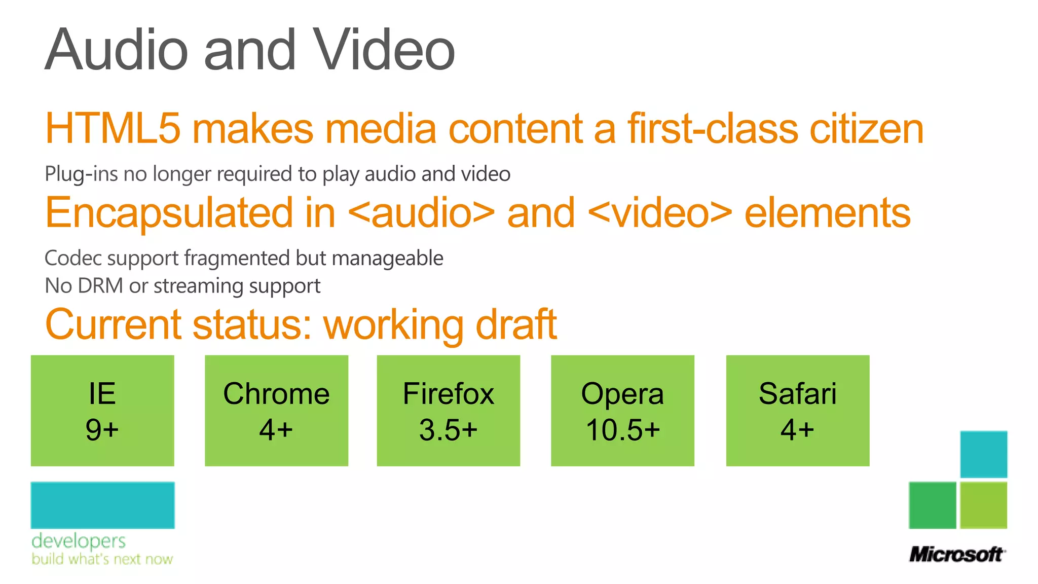 HTML5 makes media content a first-class citizen
Encapsulated in <audio> and <video> elements

Current status: working draft
  IE      Chrome    Firefox     Opera   Safari
  9+        4+       3.5+       10.5+    4+
 