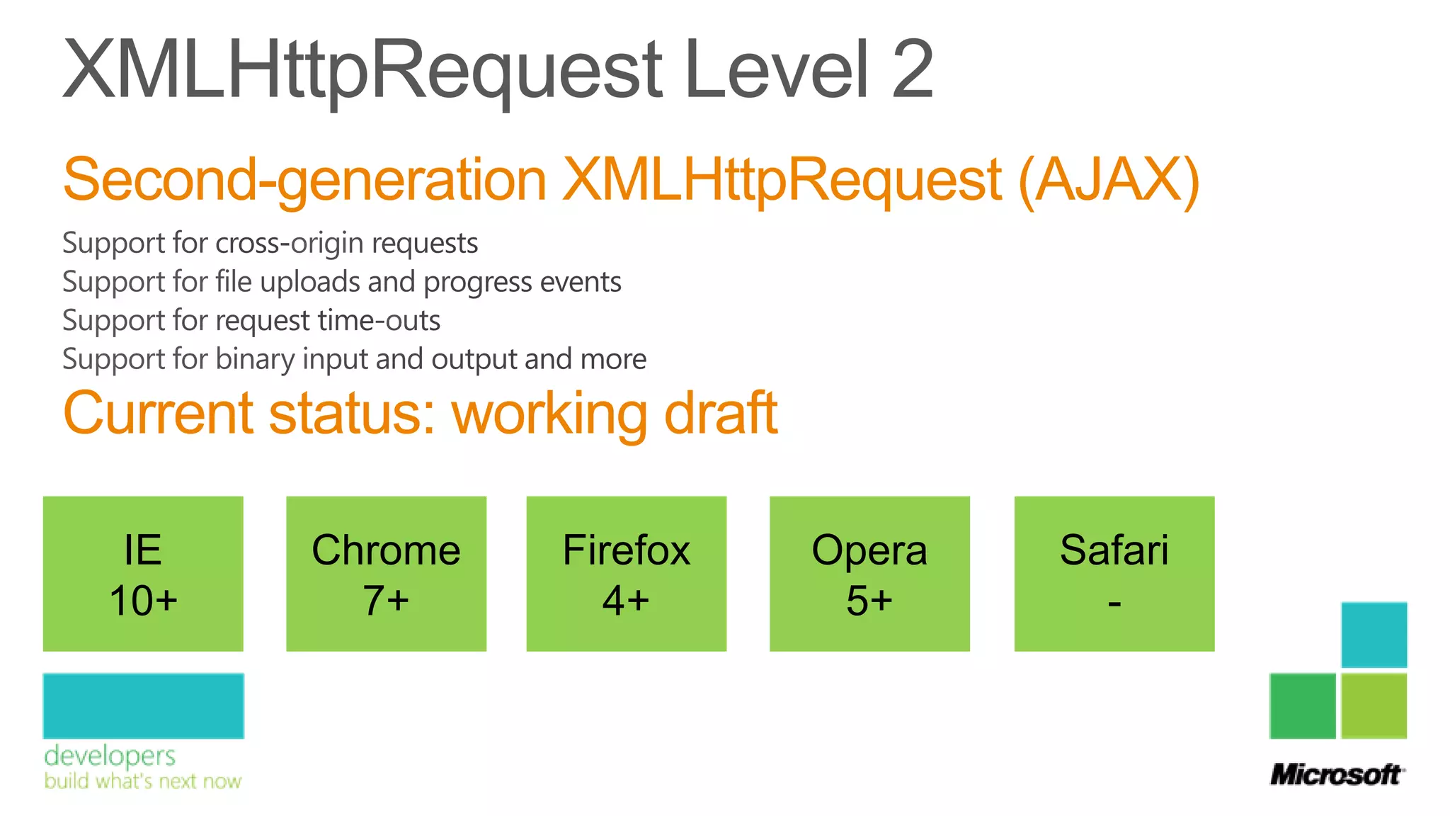 Second-generation XMLHttpRequest (AJAX)


Current status: working draft

  IE      Chrome    Firefox     Opera   Safari
 10+        7+        4+         5+       -
 