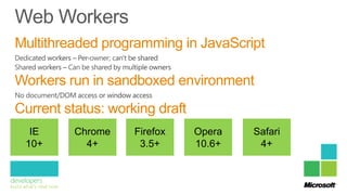 Multithreaded programming in JavaScript

Workers run in sandboxed environment
Current status: working draft
  IE      Chrome    Firefox     Opera   Safari
 10+        4+       3.5+       10.6+    4+
 