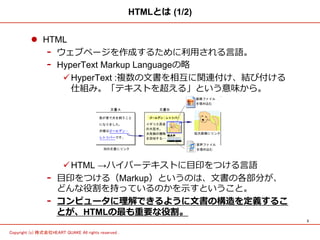 3	
Copyright (c) 株式会社HEART QUAKE All rights reserved .	
HTMLとは  (1/2)
l  HTML
-  ウェブページを作成するために利利⽤用される⾔言語。
-  HyperText Markup Languageの略略
ü HyperText :複数の⽂文書を相互に関連付け、結び付ける
仕組み。「テキストを超える」という意味から。
ü HTML →ハイパーテキストに⽬目印をつける⾔言語
-  ⽬目印をつける（Markup）というのは、⽂文書の各部分が、
どんな役割を持っているのかを⽰示すということ。
-  コンピュータに理理解できるように⽂文書の構造を定義するこ
とが、HTMLの最も重要な役割。
 