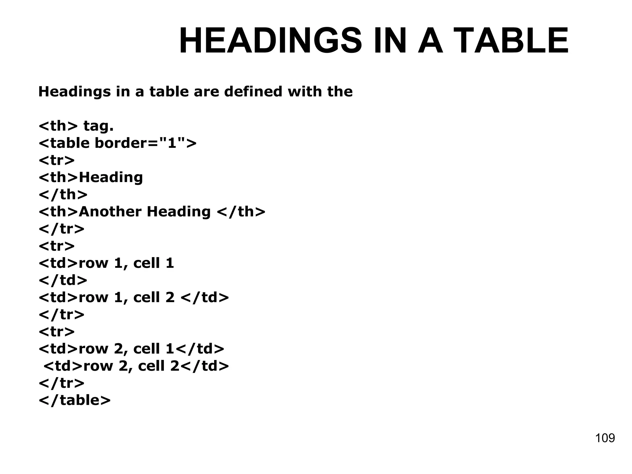 HEADINGS IN A TABLE Headings in a table are defined with the <th> tag. <table border=&quot;1&quot;>  <tr>  <th>Heading </th>  <th>Another Heading </th>  </tr>  <tr>  <td>row 1, cell 1 </td>  <td>row 1, cell 2 </td>  </tr>  <tr>  <td>row 2, cell 1</td> <td>row 2, cell 2</td>  </tr>  </table> 