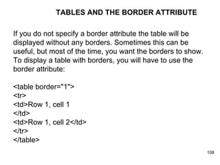 TABLES AND THE BORDER ATTRIBUTE If you do not specify a border attribute the table will be  displayed without any borders. Sometimes this can be  useful, but most of the time, you want the borders to show.  To display a table with borders, you will have to use the  border attribute: <table border="1">  <tr>  <td>Row 1, cell 1 </td>  <td>Row 1, cell 2</td>  </tr>  </table> 