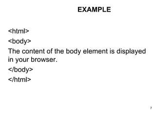 <html> <body> The content of the body element is displayed in your browser. </body> </html> EXAMPLE 