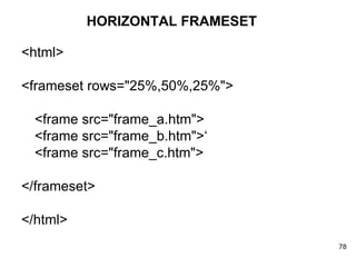 HORIZONTAL FRAMESET <html> <frameset rows="25%,50%,25%"> <frame src="frame_a.htm"> <frame src="frame_b.htm">‘ <frame src="frame_c.htm"> </frameset> </html> 