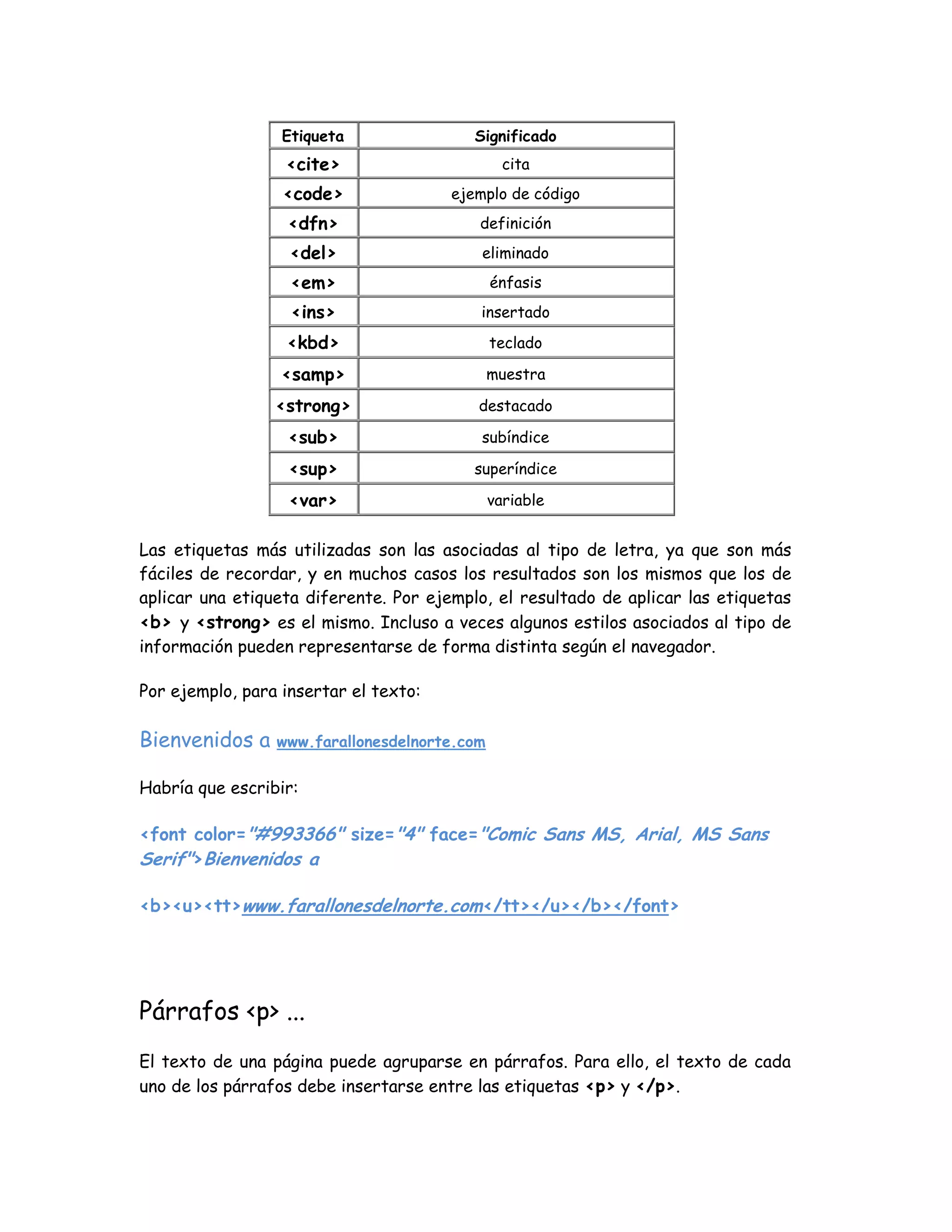 Etiqueta Significado
<cite> cita
<code> ejemplo de código
<dfn> definición
<del> eliminado
<em> énfasis
<ins> insertado
<kbd> teclado
<samp> muestra
<strong> destacado
<sub> subíndice
<sup> superíndice
<var> variable
Las etiquetas más utilizadas son las asociadas al tipo de letra, ya que son más
fáciles de recordar, y en muchos casos los resultados son los mismos que los de
aplicar una etiqueta diferente. Por ejemplo, el resultado de aplicar las etiquetas
<b> y <strong> es el mismo. Incluso a veces algunos estilos asociados al tipo de
información pueden representarse de forma distinta según el navegador.
Por ejemplo, para insertar el texto:
Bienvenidos a www.farallonesdelnorte.com
Habría que escribir:
<font color="#993366" size="4" face="Comic Sans MS, Arial, MS Sans
Serif">Bienvenidos a
<b><u><tt>www.farallonesdelnorte.com</tt></u></b></font>
Párrafos <p> ...
El texto de una página puede agruparse en párrafos. Para ello, el texto de cada
uno de los párrafos debe insertarse entre las etiquetas <p> y </p>.
 