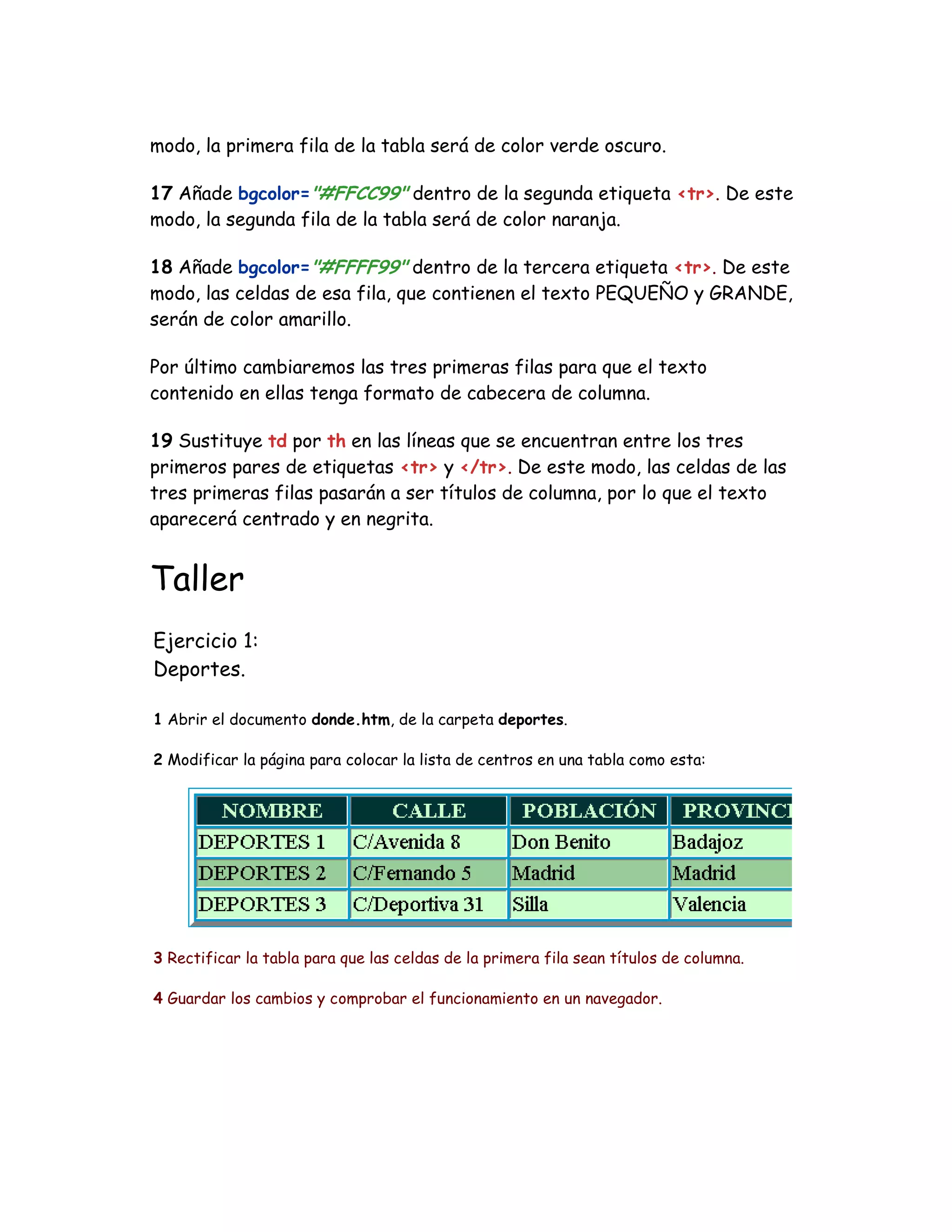 modo, la primera fila de la tabla será de color verde oscuro.
17 Añade bgcolor="#FFCC99" dentro de la segunda etiqueta <tr>. De este
modo, la segunda fila de la tabla será de color naranja.
18 Añade bgcolor="#FFFF99" dentro de la tercera etiqueta <tr>. De este
modo, las celdas de esa fila, que contienen el texto PEQUEÑO y GRANDE,
serán de color amarillo.
Por último cambiaremos las tres primeras filas para que el texto
contenido en ellas tenga formato de cabecera de columna.
19 Sustituye td por th en las líneas que se encuentran entre los tres
primeros pares de etiquetas <tr> y </tr>. De este modo, las celdas de las
tres primeras filas pasarán a ser títulos de columna, por lo que el texto
aparecerá centrado y en negrita.
Taller
Ejercicio 1:
Deportes.
1 Abrir el documento donde.htm, de la carpeta deportes.
2 Modificar la página para colocar la lista de centros en una tabla como esta:
3 Rectificar la tabla para que las celdas de la primera fila sean títulos de columna.
4 Guardar los cambios y comprobar el funcionamiento en un navegador.
 