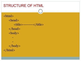 STRUCTURE OF HTML

<html>
   <head>
       <title>---------</title>
   </head>
   <body>
     -
     -
   </body>
</html>
 