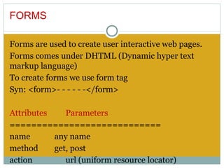 FORMS

Forms are used to create user interactive web pages.
Forms comes under DHTML (Dynamic hyper text
markup language)
To create forms we use form tag
Syn: <form>- - - - - -</form>
 
Attributes     Parameters
============================
name        any name
method      get, post
action         url (uniform resource locator)
 