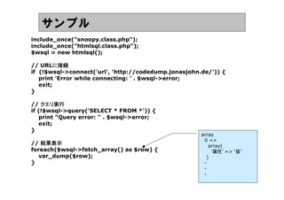 サンプル
include_once("snoopy.class.php");
include_once("htmlsql.class.php");
$wsql = new htmlsql();

// URLに接続に
if (!$wsql->connect('url', 'http://codedump.jonasjohn.de/')) {
   print 'Error while connecting: ' . $wsql->error;
   exit;
}

    クエリ実行
// クエリ実行
if (!$wsql->query('SELECT * FROM *')) {
   print "Query error: " . $wsql->error;
   exit;
}
                                                      array
                                                       0 =>
// 結果表示                                                  array(
foreach($wsql->fetch_array() as $row) {                   &lsquo;属性&rsquo; => &lsquo;値&rsquo;
   var_dump($row);                                      )
}                                                     　・
                                                      　・
                                                      　・
 