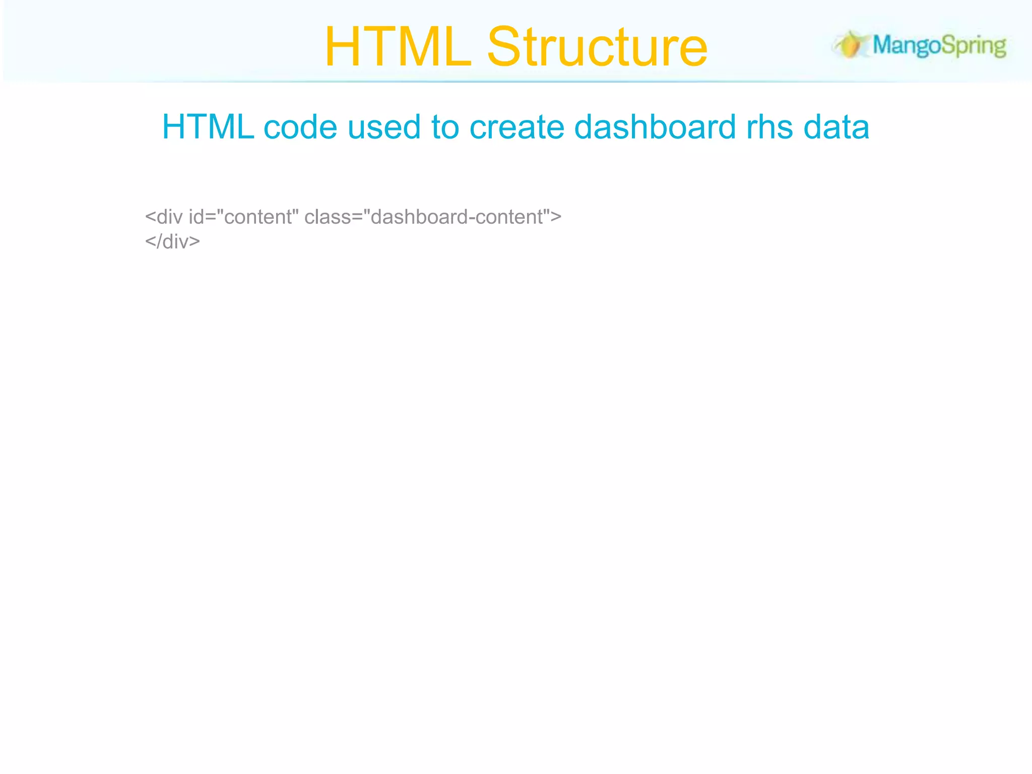 HTML StructureHTML code used to create dashboard rhs data<div id="content" class="dashboard-content"></div>