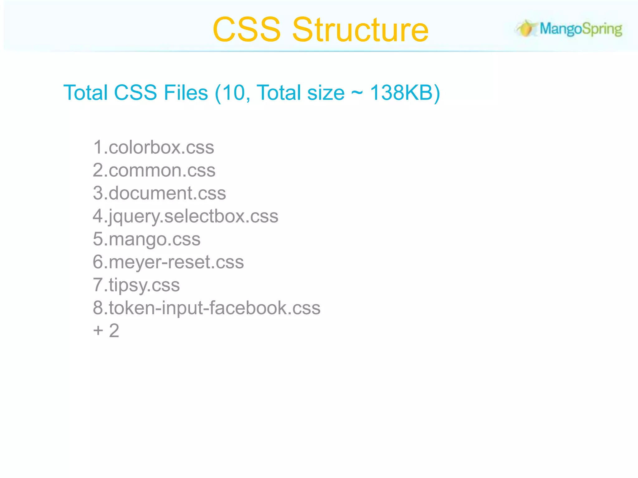CSS StructureTotal CSS Files (10, Total size ~ 138KB)colorbox.csscommon.cssdocument.cssjquery.selectbox.cssmango.cssmeyer-reset.csstipsy.csstoken-input-facebook.css + 2