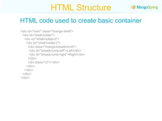 HTML StructureHTML code used to create basic container<div id="main" class="mango-shell">  <div id="shell-holder">     <div id="shell-holder-b">           <div id="shell-holder-t">            <div class="mango-breadcrumb">          <div id="breadcrumb-left">Left</div>          <div id="breadcrumb-right">Right</div>         </div>             <div class="cl"></div>          </div>       </div>    </div> </div>