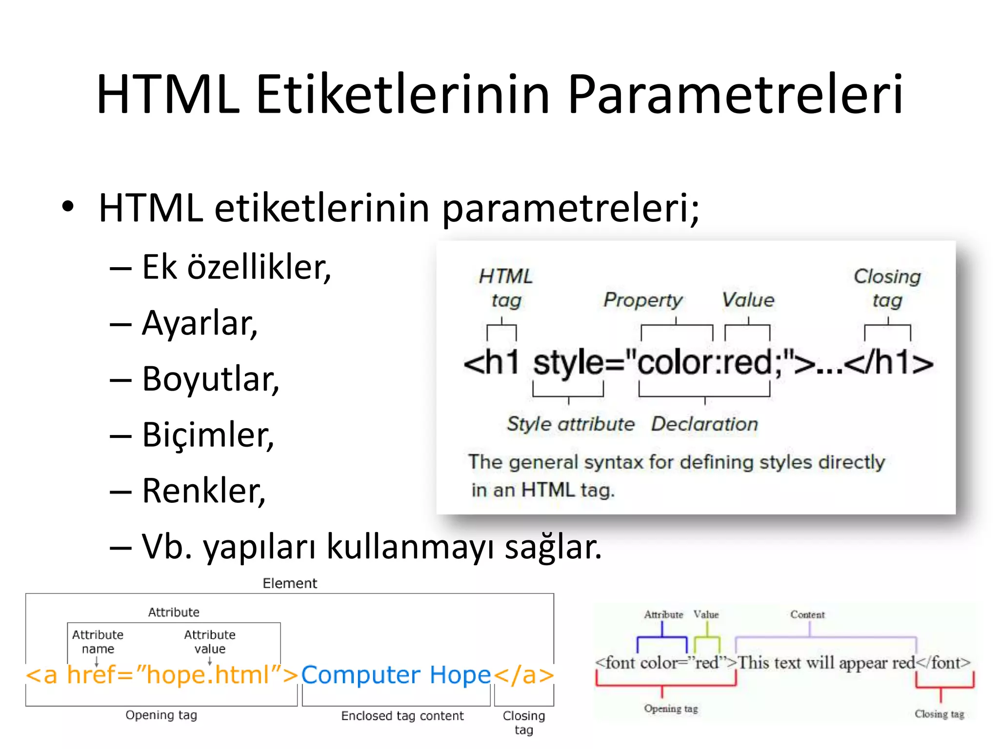 HTML Etiketlerinin Parametreleri
• HTML etiketlerinin parametreleri;
– Ek özellikler,
– Ayarlar,
– Boyutlar,
– Biçimler,
– Renkler,
– Vb. yapıları kullanmayı sağlar.
 