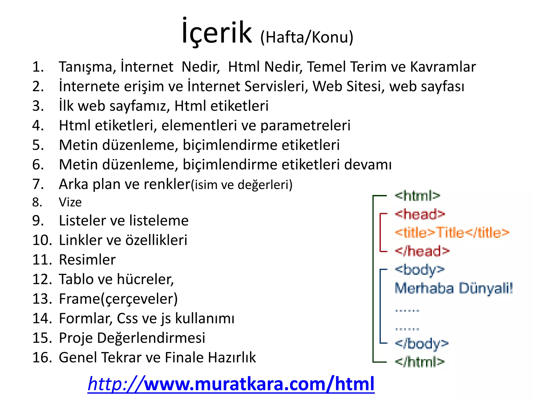 İçerik (Hafta/Konu)
1. Tanışma, İnternet Nedir, Html Nedir, Temel Terim ve Kavramlar
2. İnternete erişim ve İnternet Servisleri, Web Sitesi, web sayfası
3. İlk web sayfamız, Html etiketleri
4. Html etiketleri, elementleri ve parametreleri
5. Metin düzenleme, biçimlendirme etiketleri
6. Metin düzenleme, biçimlendirme etiketleri devamı
7. Arka plan ve renkler(isim ve değerleri)
8. Vize
9. Listeler ve listeleme
10. Linkler ve özellikleri
11. Resimler
12. Tablo ve hücreler,
13. Frame(çerçeveler)
14. Formlar, Css ve js kullanımı
15. Proje Değerlendirmesi
16. Genel Tekrar ve Finale Hazırlık
http://www.muratkara.com/html
 