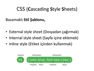 CSS (Cascading Style Sheets)
Basamaklı Stil Şablonu,
• External style sheet (Dosyadan çağırmak)
• Internal style sheet (Sayfa içine eklemek)
• Inline style (Etiket içinden kullanmak)
 