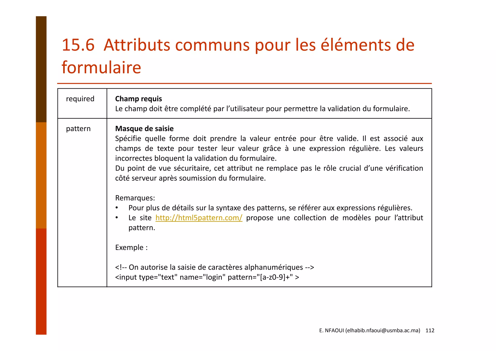 required Champ requis
Le champ doit être complété par l’utilisateur pour permettre la validation du formulaire.
pattern Masque de saisie
Spécifie quelle forme doit prendre la valeur entrée pour être valide. Il est associé aux
champs de texte pour tester leur valeur grâce à une expression régulière. Les valeurs
incorrectes bloquent la validation du formulaire.
Du point de vue sécuritaire, cet attribut ne remplace pas le rôle crucial d’une vérification
côté serveur après soumission du formulaire.
Remarques:
• Pour plus de détails sur la syntaxe des patterns, se référer aux expressions régulières.
• Le site http://html5pattern.com/ propose une collection de modèles pour l’attribut
pattern.
Exemple :
<!‐‐ On autorise la saisie de caractères alphanumériques ‐‐>
<input type="text" name="login" pattern="[a‐z0‐9]+" >
15.6  Attributs communs pour les éléments de 
formulaire
E. NFAOUI (elhabib.nfaoui@usmba.ac.ma)    112
 