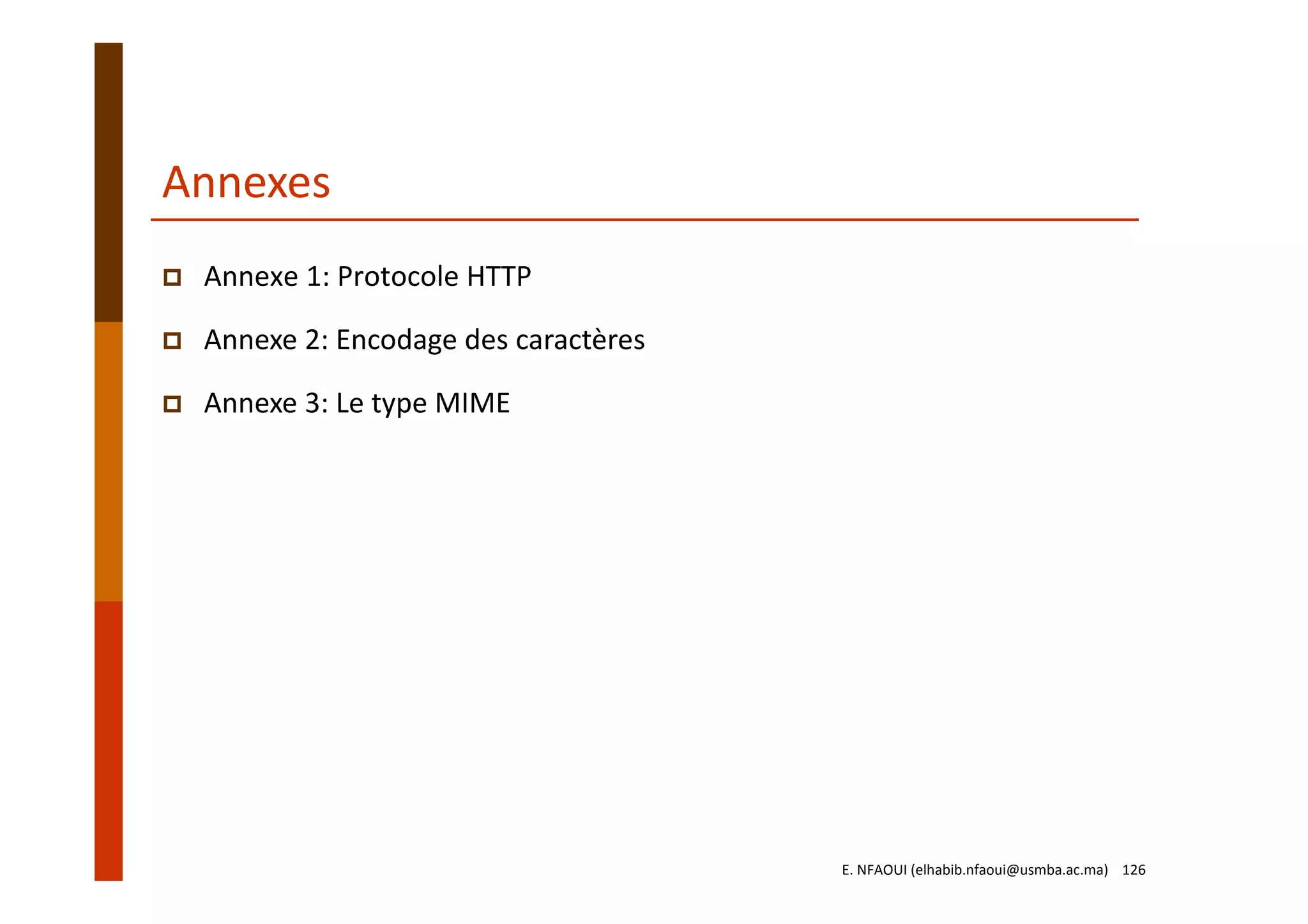 Annexes
Annexe 1: Protocole HTTP
Annexe 2: Encodage des caractères
Annexe 3: Le type MIME
E. NFAOUI (elhabib.nfaoui@usmba.ac.ma)    126
 