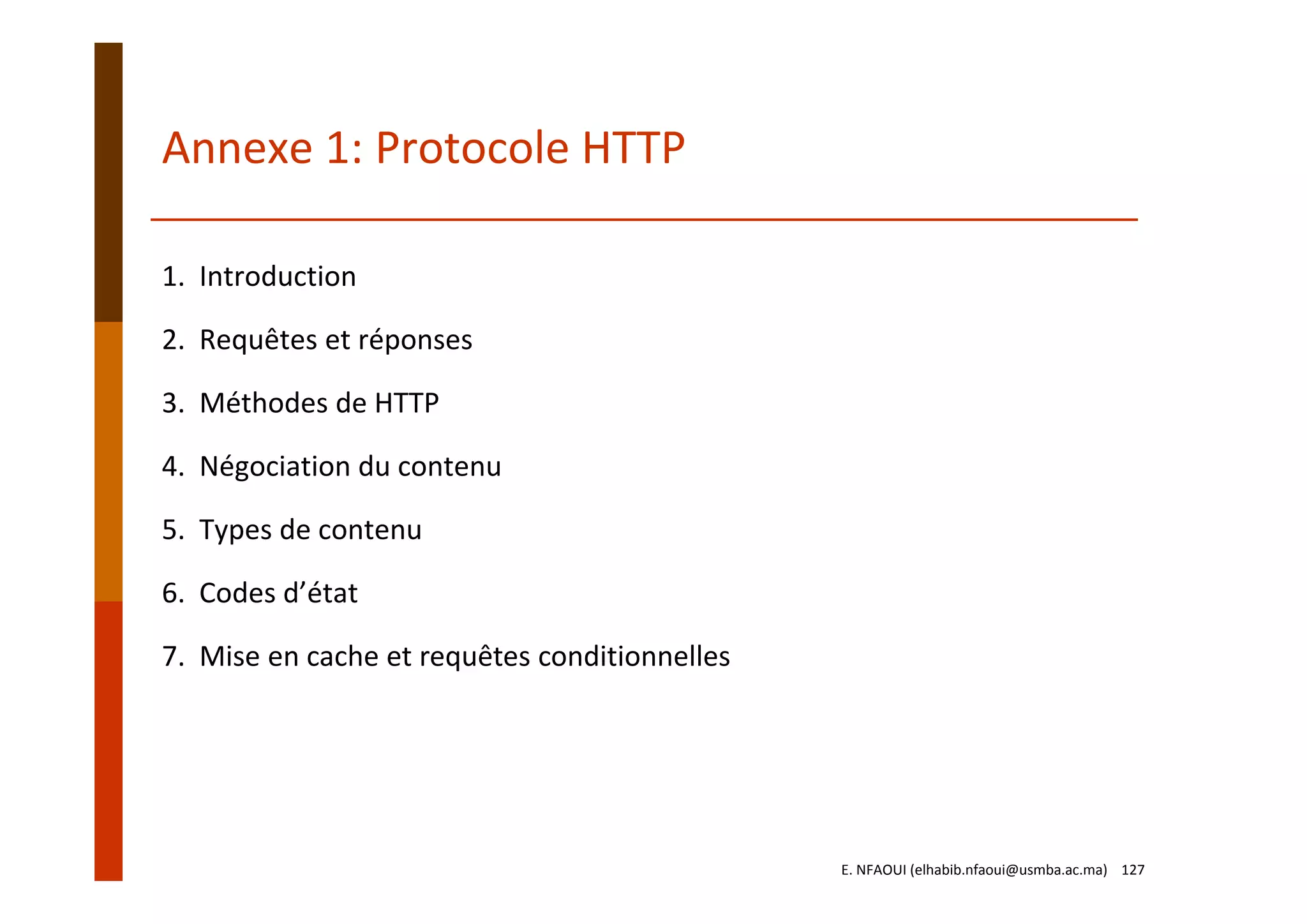 Annexe 1: Protocole HTTP
1.  Introduction
2.  Requêtes et réponses
3.  Méthodes de HTTP
4.  Négociation du contenu
5.  Types de contenu
6.  Codes d’état
7.  Mise en cache et requêtes conditionnelles
E. NFAOUI (elhabib.nfaoui@usmba.ac.ma)    127
 
