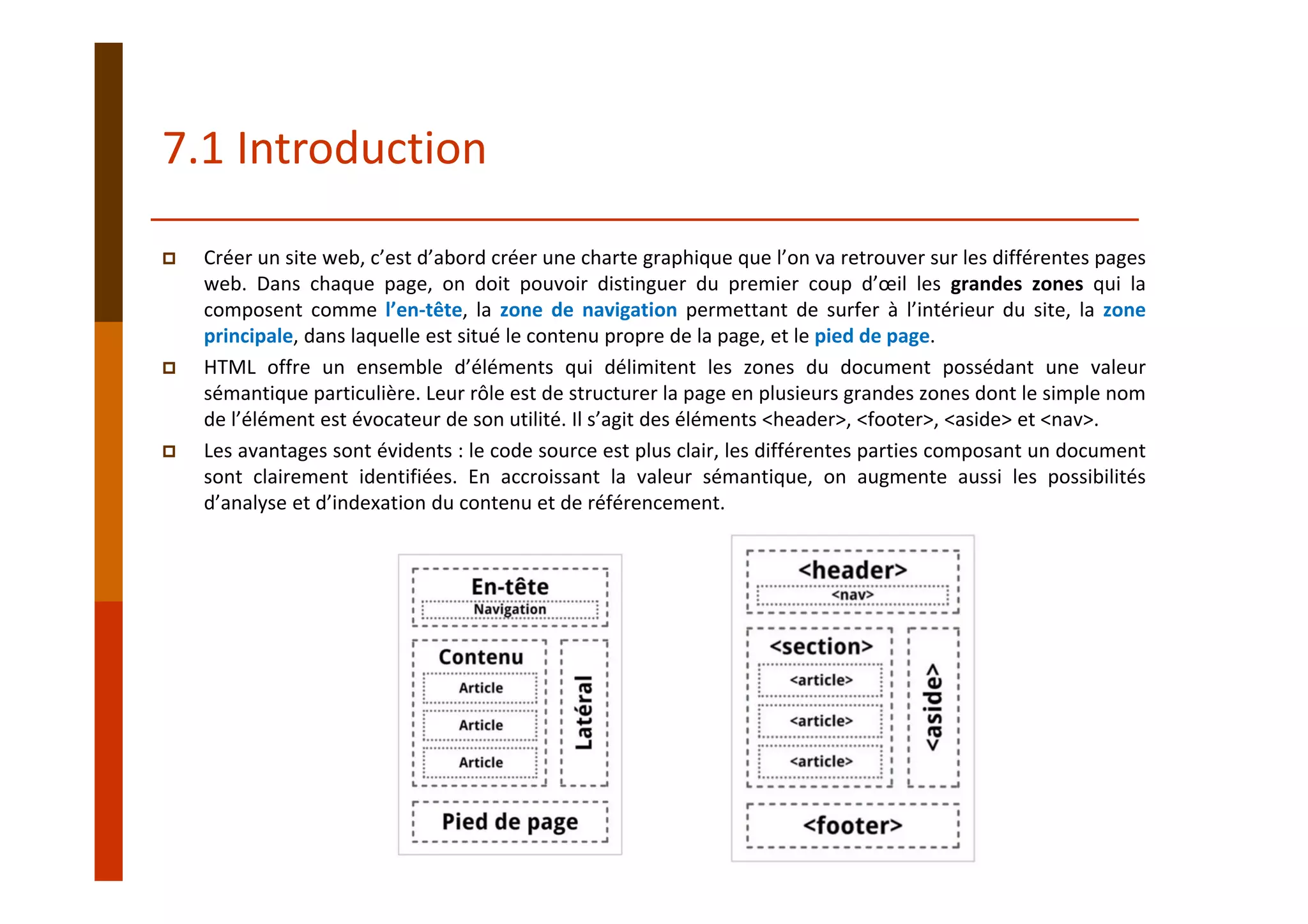 7.1 Introduction
Créer un site web, c’est d’abord créer une charte graphique que l’on va retrouver sur les différentes pages
web. Dans chaque page, on doit pouvoir distinguer du premier coup d’œil les grandes zones qui la
composent comme l’en‐tête, la zone de navigation permettant de surfer à l’intérieur du site, la zone
principale, dans laquelle est situé le contenu propre de la page, et le pied de page.
HTML offre un ensemble d’éléments qui délimitent les zones du document possédant une valeur
sémantique particulière. Leur rôle est de structurer la page en plusieurs grandes zones dont le simple nom
de l’élément est évocateur de son utilité. Il s’agit des éléments <header>, <footer>, <aside> et <nav>.
Les avantages sont évidents : le code source est plus clair, les différentes parties composant un document
sont clairement identifiées. En accroissant la valeur sémantique, on augmente aussi les possibilités
d’analyse et d’indexation du contenu et de référencement.
 