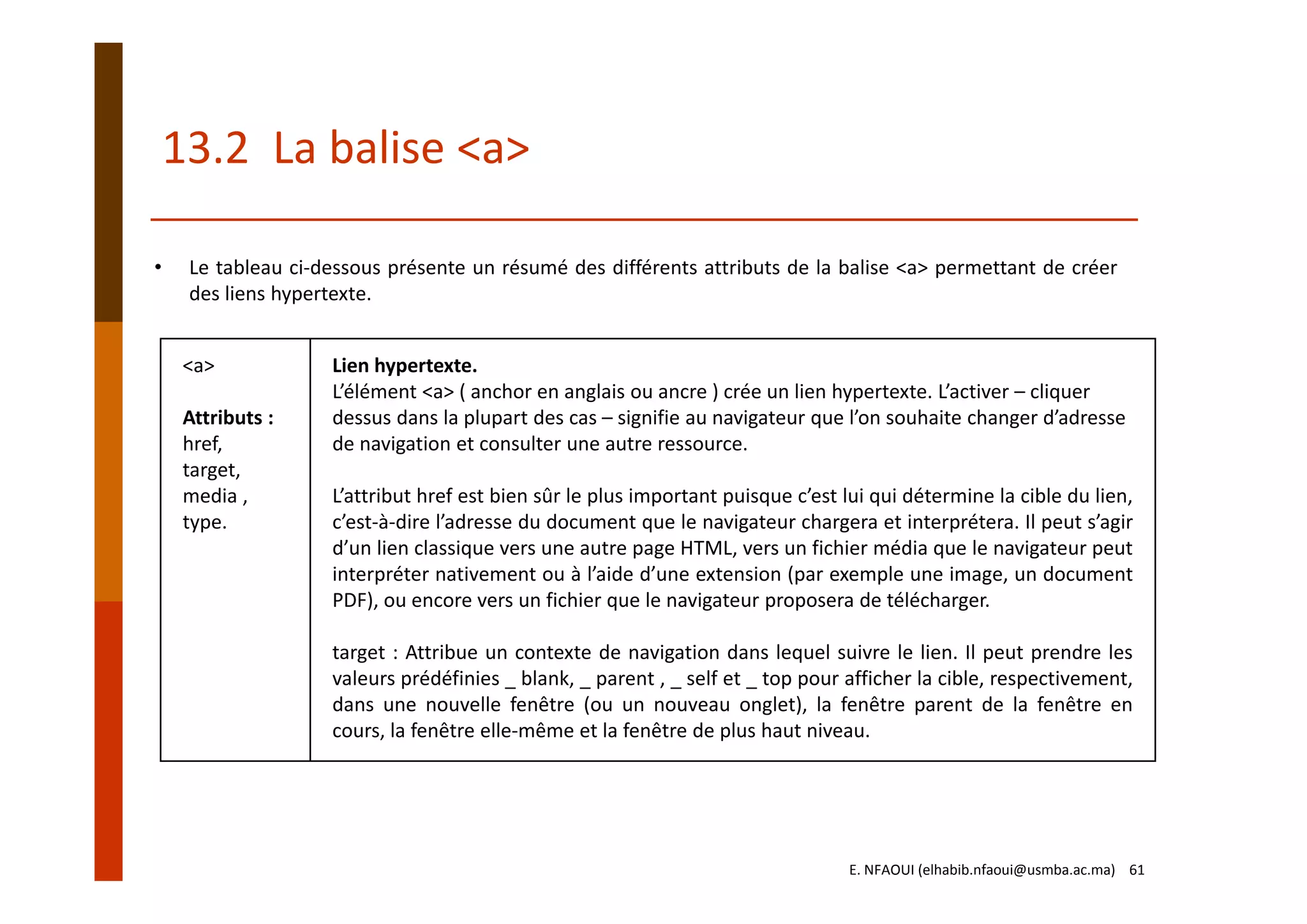 <a>
Attributs :
href,
target,
media ,
type.
Lien hypertexte.
L’élément <a> ( anchor en anglais ou ancre ) crée un lien hypertexte. L’activer – cliquer 
dessus dans la plupart des cas – signifie au navigateur que l’on souhaite changer d’adresse 
de navigation et consulter une autre ressource.
L’attribut href est bien sûr le plus important puisque c’est lui qui détermine la cible du lien,
c’est‐à‐dire l’adresse du document que le navigateur chargera et interprétera. Il peut s’agir
d’un lien classique vers une autre page HTML, vers un fichier média que le navigateur peut
interpréter nativement ou à l’aide d’une extension (par exemple une image, un document
PDF), ou encore vers un fichier que le navigateur proposera de télécharger.
target : Attribue un contexte de navigation dans lequel suivre le lien. Il peut prendre les
valeurs prédéfinies _ blank, _ parent , _ self et _ top pour afficher la cible, respectivement,
dans une nouvelle fenêtre (ou un nouveau onglet), la fenêtre parent de la fenêtre en
cours, la fenêtre elle‐même et la fenêtre de plus haut niveau.
13.2  La balise <a>
• Le tableau ci‐dessous présente un résumé des différents attributs de la balise <a> permettant de créer
des liens hypertexte.
E. NFAOUI (elhabib.nfaoui@usmba.ac.ma)    61
 