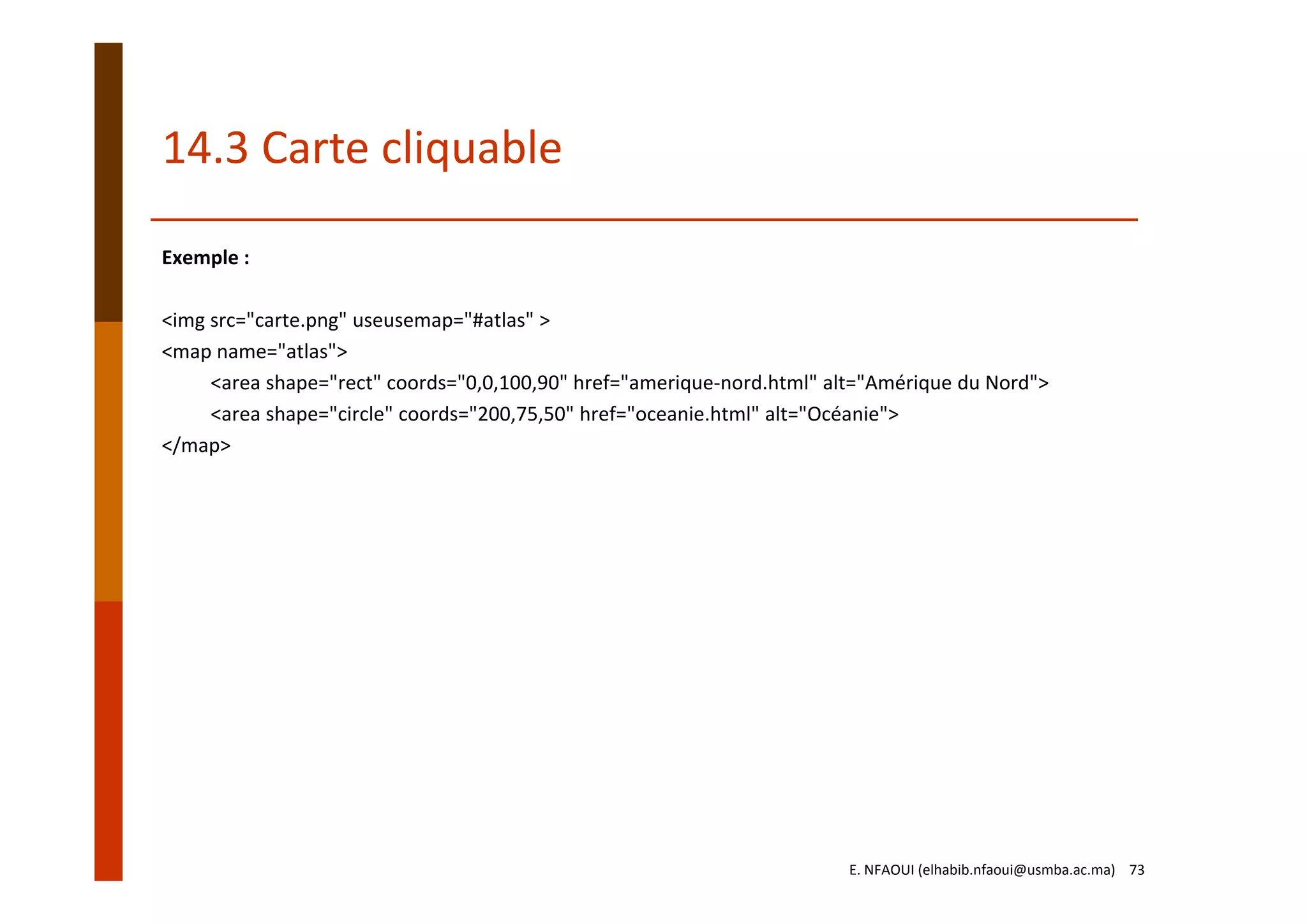 14.3 Carte cliquable
Exemple :
<img src="carte.png" useusemap="#atlas" > 
<map name="atlas"> 
<area shape="rect" coords="0,0,100,90" href="amerique‐nord.html" alt="Amérique du Nord"> 
<area shape="circle" coords="200,75,50" href="oceanie.html" alt="Océanie"> 
</map>
E. NFAOUI (elhabib.nfaoui@usmba.ac.ma)    73
 