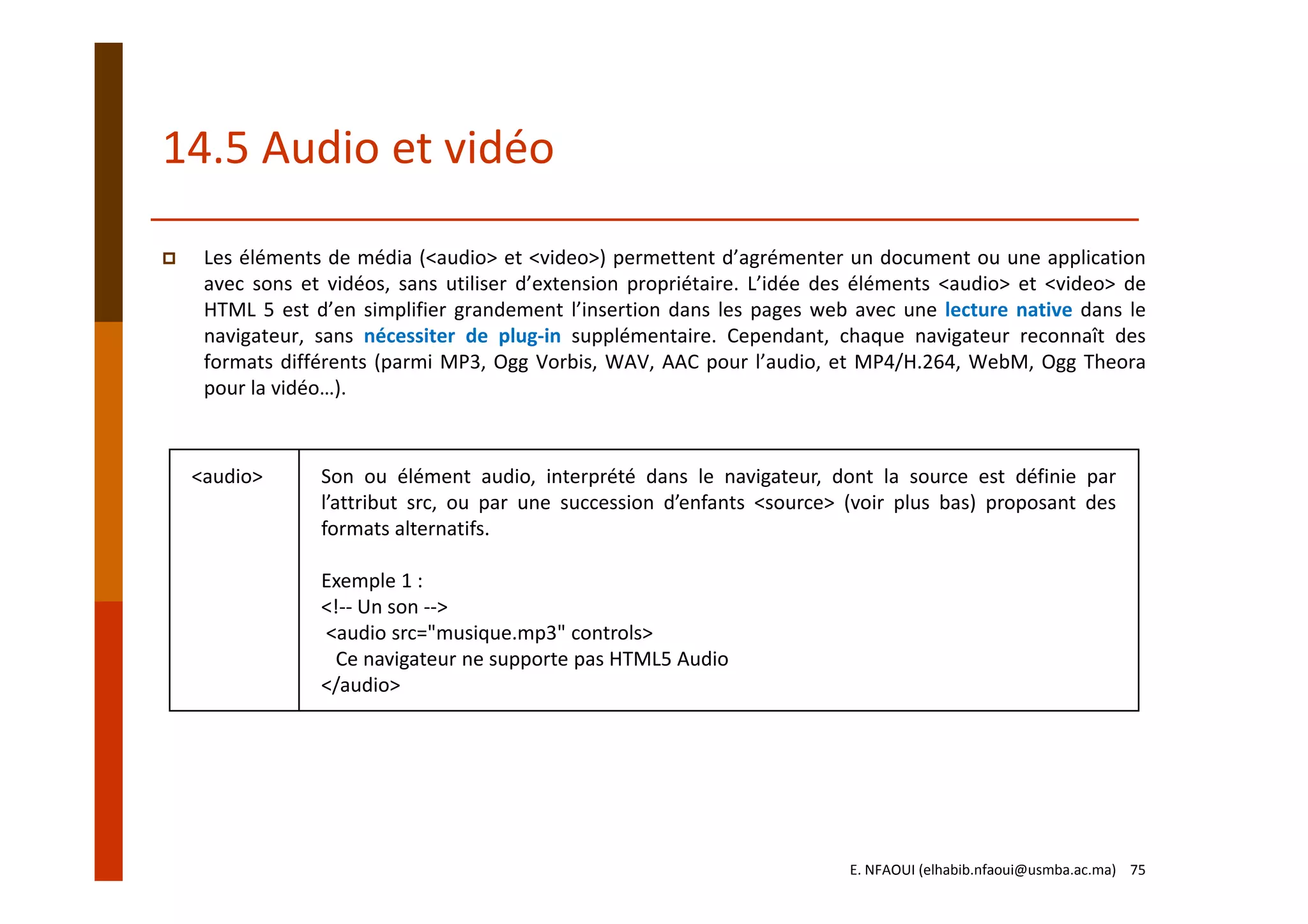 14.5 Audio et vidéo
Les éléments de média (<audio> et <video>) permettent d’agrémenter un document ou une application
avec sons et vidéos, sans utiliser d’extension propriétaire. L’idée des éléments <audio> et <video> de
HTML 5 est d’en simplifier grandement l’insertion dans les pages web avec une lecture native dans le
navigateur, sans nécessiter de plug‐in supplémentaire. Cependant, chaque navigateur reconnaît des
formats différents (parmi MP3, Ogg Vorbis, WAV, AAC pour l’audio, et MP4/H.264, WebM, Ogg Theora
pour la vidéo…).
<audio> Son ou élément audio, interprété dans le navigateur, dont la source est définie par
l’attribut src, ou par une succession d’enfants <source> (voir plus bas) proposant des
formats alternatifs.
Exemple 1 :
<!‐‐ Un son ‐‐>
<audio src="musique.mp3" controls>
Ce navigateur ne supporte pas HTML5 Audio
</audio>
E. NFAOUI (elhabib.nfaoui@usmba.ac.ma)    75
 