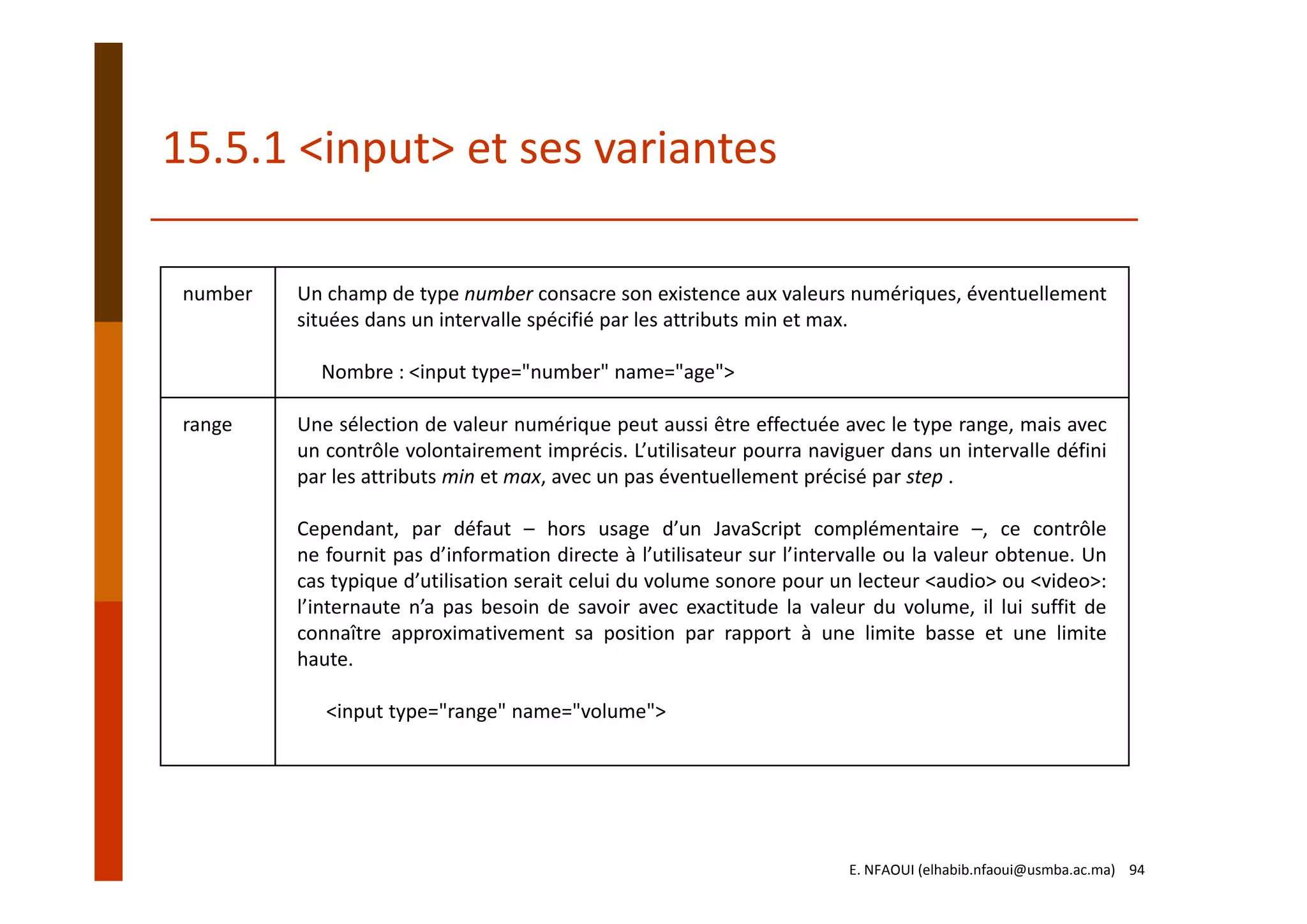 number Un champ de type number consacre son existence aux valeurs numériques, éventuellement
situées dans un intervalle spécifié par les attributs min et max.
Nombre : <input type="number" name="age">
range Une sélection de valeur numérique peut aussi être effectuée avec le type range, mais avec
un contrôle volontairement imprécis. L’utilisateur pourra naviguer dans un intervalle défini
par les attributs min et max, avec un pas éventuellement précisé par step .
Cependant, par défaut – hors usage d’un JavaScript complémentaire –, ce contrôle
ne fournit pas d’information directe à l’utilisateur sur l’intervalle ou la valeur obtenue. Un
cas typique d’utilisation serait celui du volume sonore pour un lecteur <audio> ou <video>:
l’internaute n’a pas besoin de savoir avec exactitude la valeur du volume, il lui suffit de
connaître approximativement sa position par rapport à une limite basse et une limite
haute.
<input type="range" name="volume">
15.5.1 <input> et ses variantes
E. NFAOUI (elhabib.nfaoui@usmba.ac.ma)    94
 