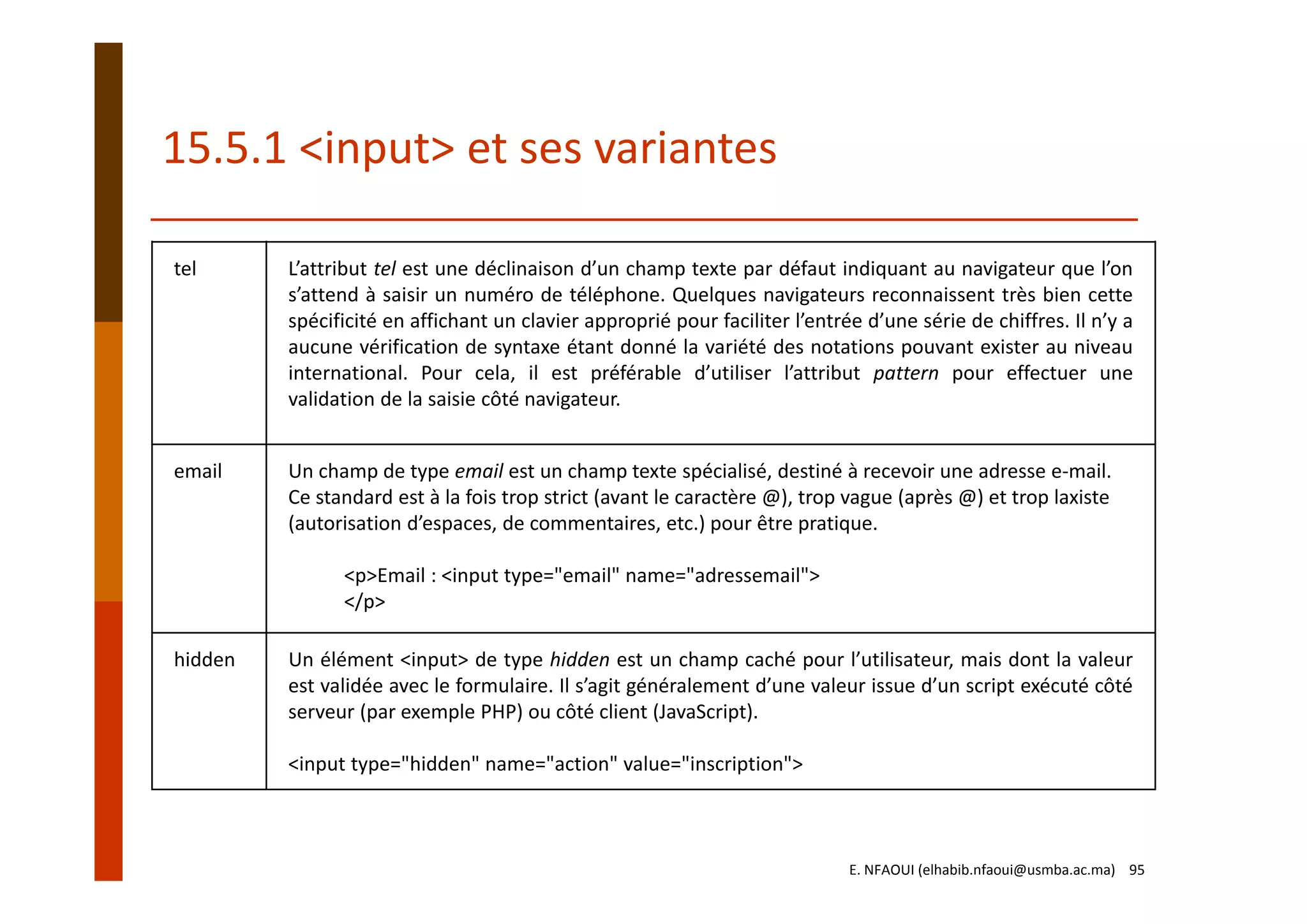 tel L’attribut tel est une déclinaison d’un champ texte par défaut indiquant au navigateur que l’on
s’attend à saisir un numéro de téléphone. Quelques navigateurs reconnaissent très bien cette
spécificité en affichant un clavier approprié pour faciliter l’entrée d’une série de chiffres. Il n’y a
aucune vérification de syntaxe étant donné la variété des notations pouvant exister au niveau
international. Pour cela, il est préférable d’utiliser l’attribut pattern pour effectuer une
validation de la saisie côté navigateur.
email Un champ de type email est un champ texte spécialisé, destiné à recevoir une adresse e‐mail.
Ce standard est à la fois trop strict (avant le caractère @), trop vague (après @) et trop laxiste 
(autorisation d’espaces, de commentaires, etc.) pour être pratique.
<p>Email : <input type="email" name="adressemail">
</p>
hidden Un élément <input> de type hidden est un champ caché pour l’utilisateur, mais dont la valeur
est validée avec le formulaire. Il s’agit généralement d’une valeur issue d’un script exécuté côté
serveur (par exemple PHP) ou côté client (JavaScript).
<input type="hidden" name="action" value="inscription">
15.5.1 <input> et ses variantes
E. NFAOUI (elhabib.nfaoui@usmba.ac.ma)    95
 
