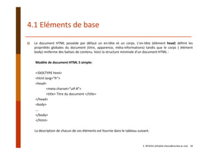 4.1 Eléments de base
Le document HTML possède par défaut un en‐tête et un corps. L’en‐tête (élément head) définit les
propriétés globales du document (titre, apparence, méta‐informations) tandis que le corps ( élément
body) renferme des balises de contenu. Voici la structure minimale d’un document HTML :
Modèle de document HTML 5 simple:
<!DOCTYPE html>
<html lang="fr"> 
<head> 
<meta charset="utf‐8"> 
<title> Titre du document </title> 
</head> 
<body> 
... 
</body> 
</html>
La description de chacun de ces éléments est fournie dans le tableau suivant.
E. NFAOUI (elhabib.nfaoui@usmba.ac.ma)    18
 