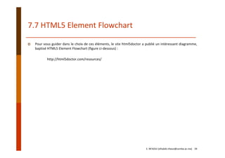 7.7 HTML5 Element Flowchart
Pour vous guider dans le choix de ces éléments, le site html5doctor a publié un intéressant diagramme,
baptisé HTML5 Element Flowchart (figure ci‐dessous) :
http://html5doctor.com/resources/
E. NFAOUI (elhabib.nfaoui@usmba.ac.ma)    39
 