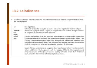 <a>
Attributs :
href,
target,
media ,
type.
Lien hypertexte.
L’élément <a> ( anchor en anglais ou ancre ) crée un lien hypertexte. L’activer – cliquer 
dessus dans la plupart des cas – signifie au navigateur que l’on souhaite changer d’adresse 
de navigation et consulter une autre ressource.
L’attribut href est bien sûr le plus important puisque c’est lui qui détermine la cible du lien,
c’est‐à‐dire l’adresse du document que le navigateur chargera et interprétera. Il peut s’agir
d’un lien classique vers une autre page HTML, vers un fichier média que le navigateur peut
interpréter nativement ou à l’aide d’une extension (par exemple une image, un document
PDF), ou encore vers un fichier que le navigateur proposera de télécharger.
target : Attribue un contexte de navigation dans lequel suivre le lien. Il peut prendre les
valeurs prédéfinies _ blank, _ parent , _ self et _ top pour afficher la cible, respectivement,
dans une nouvelle fenêtre (ou un nouveau onglet), la fenêtre parent de la fenêtre en
cours, la fenêtre elle‐même et la fenêtre de plus haut niveau.
13.2  La balise <a>
• Le tableau ci‐dessous présente un résumé des différents attributs de la balise <a> permettant de créer
des liens hypertexte.
E. NFAOUI (elhabib.nfaoui@usmba.ac.ma)    61
 