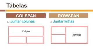Tabelas
 Juntar colunas  Juntar linhas
COLSPAN ROWSPAN
 