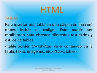 HTML
TABLAS
Para insertar una tabla en una página de internet
debes incluir el código. Este puede ser
modificado para obtener diferentes resultados y
estilos de tablas.
<table border=1><td>Aqui va el contenido de la
tabla, texto, imágenes, etc.</td></table>

LICEO RODRIGO ARENAS BETANCOURT CENAIDA ALARCON

 