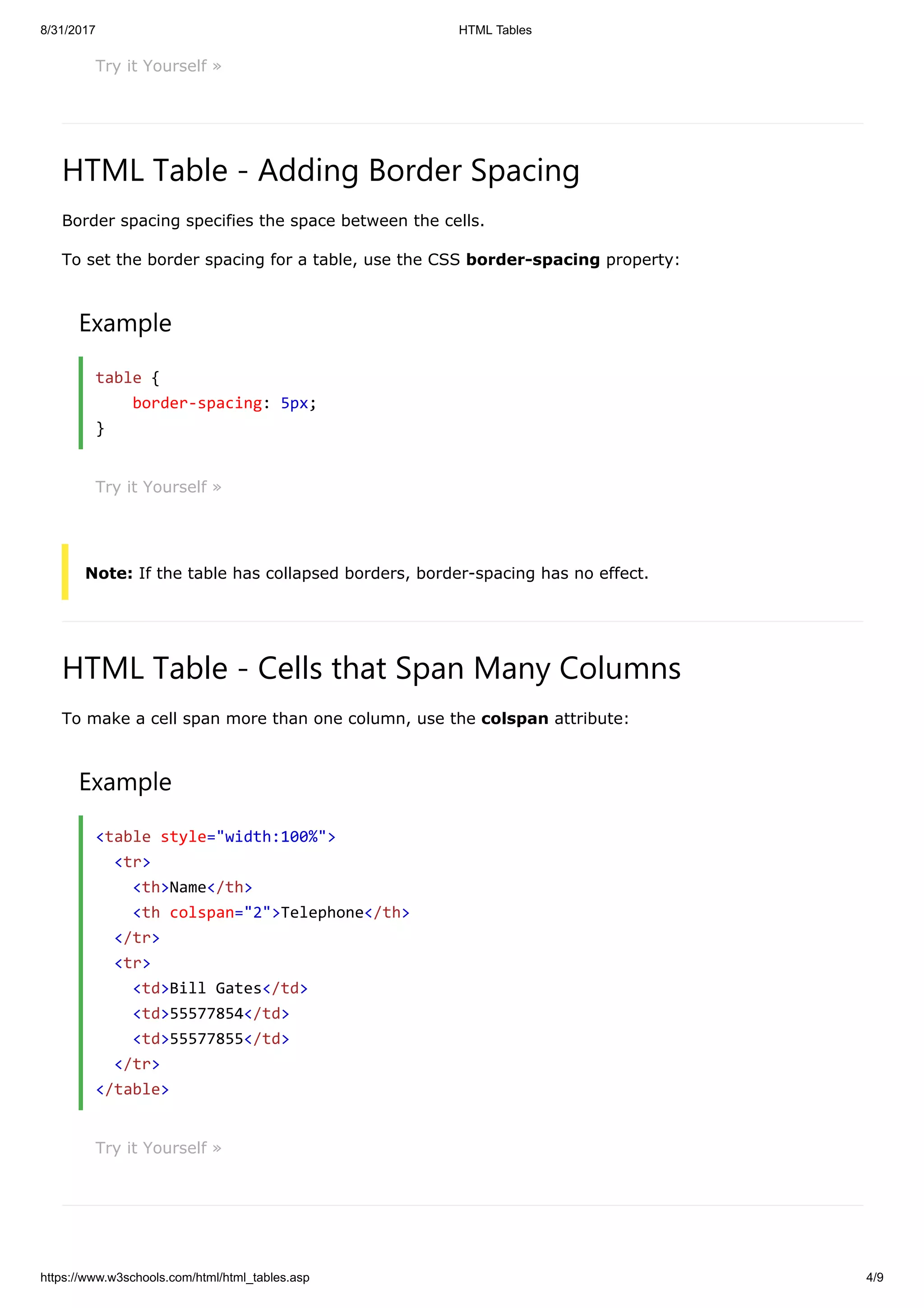 8/31/2017 HTML Tables
https://www.w3schools.com/html/html_tables.asp 4/9
Try it Yourself »
HTML Table - Adding Border Spacing
Border spacing specifies the space between the cells.
To set the border spacing for a table, use the CSS border-spacing property:
Example
table {
border-spacing: 5px;
}
Try it Yourself »
Note: If the table has collapsed borders, border-spacing has no effect.
HTML Table - Cells that Span Many Columns
To make a cell span more than one column, use the colspan attribute:
Example
<table style="width:100%">
<tr>
<th>Name</th>
<th colspan="2">Telephone</th>
</tr>
<tr>
<td>Bill Gates</td>
<td>55577854</td>
<td>55577855</td>
</tr>
</table>
Try it Yourself »
 