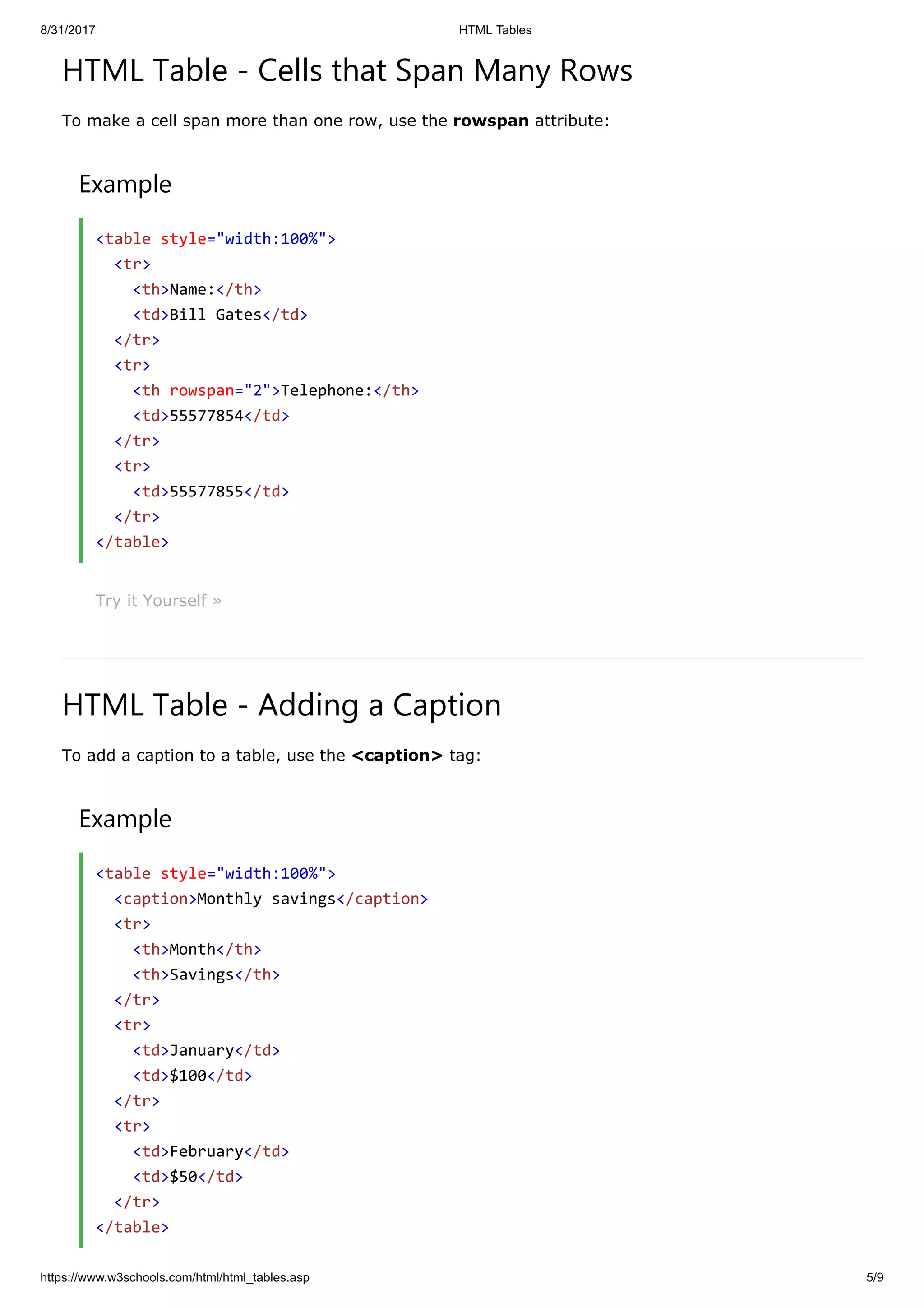 8/31/2017 HTML Tables
https://www.w3schools.com/html/html_tables.asp 5/9
HTML Table - Cells that Span Many Rows
To make a cell span more than one row, use the rowspan attribute:
Example
<table style="width:100%">
<tr>
<th>Name:</th>
<td>Bill Gates</td>
</tr>
<tr>
<th rowspan="2">Telephone:</th>
<td>55577854</td>
</tr>
<tr>
<td>55577855</td>
</tr>
</table>
Try it Yourself »
HTML Table - Adding a Caption
To add a caption to a table, use the <caption> tag:
Example
<table style="width:100%">
<caption>Monthly savings</caption>
<tr>
<th>Month</th>
<th>Savings</th>
</tr>
<tr>
<td>January</td>
<td>$100</td>
</tr>
<tr>
<td>February</td>
<td>$50</td>
</tr>
</table>
 