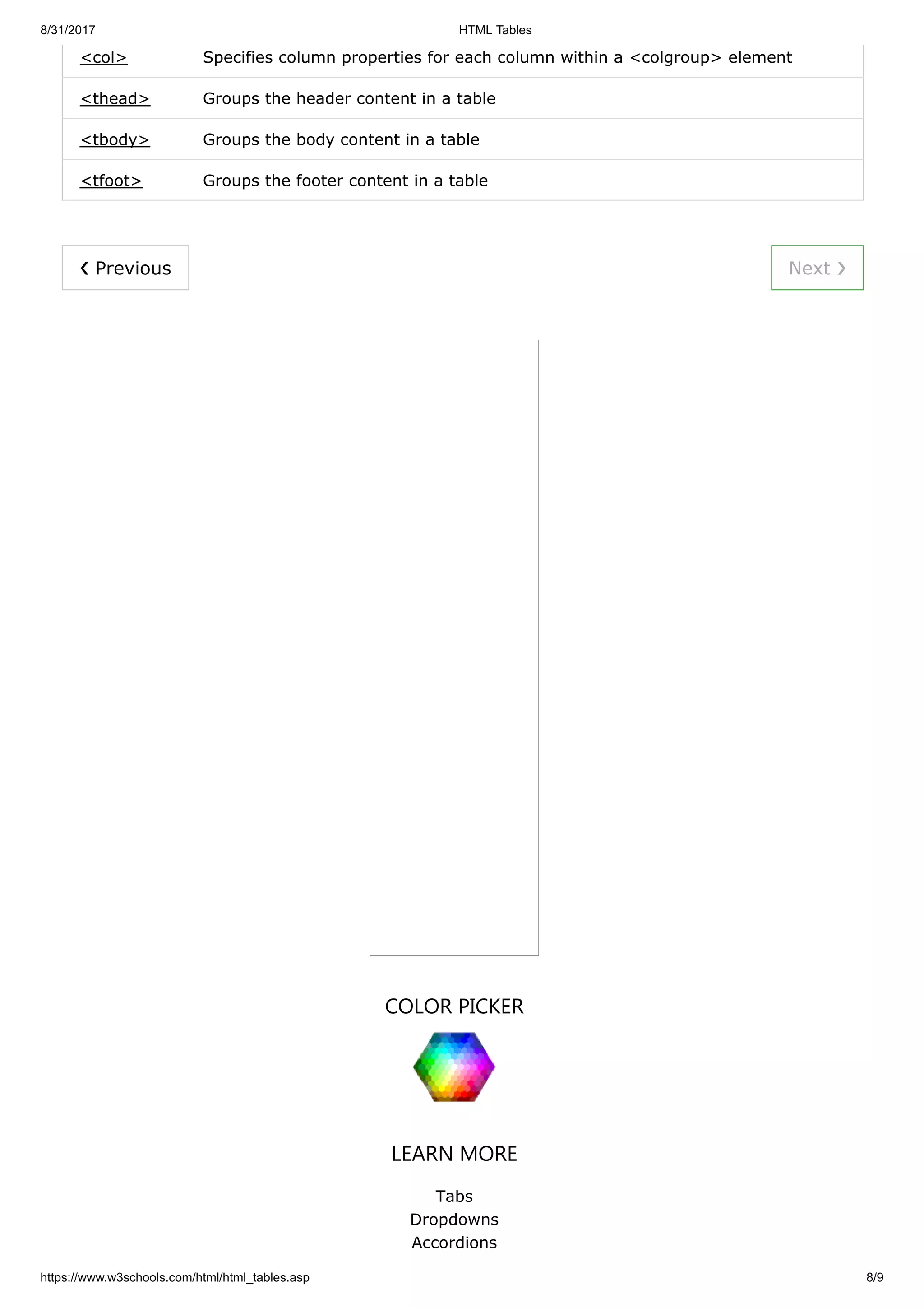 8/31/2017 HTML Tables
https://www.w3schools.com/html/html_tables.asp 8/9
❮ Previous Next ❯
<col> Specifies column properties for each column within a <colgroup> element
<thead> Groups the header content in a table
<tbody> Groups the body content in a table
<tfoot> Groups the footer content in a table
COLOR PICKER
LEARN MORE
Tabs
Dropdowns
Accordions
 