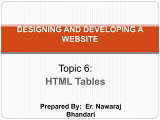 Prepared By: Er. Nawaraj
Bhandari
DESIGNING AND DEVELOPING A
WEBSITE
Topic 6:
HTML Tables
 