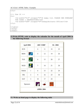 Html tables examples | PDF