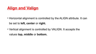 Align and Valign
• Horizontal alignment is controlled by the ALIGN attribute. It can
be set to left, center or right.
• Vertical alignment is controlled by VALIGN. It accepts the
values top, middle or bottom.
 
