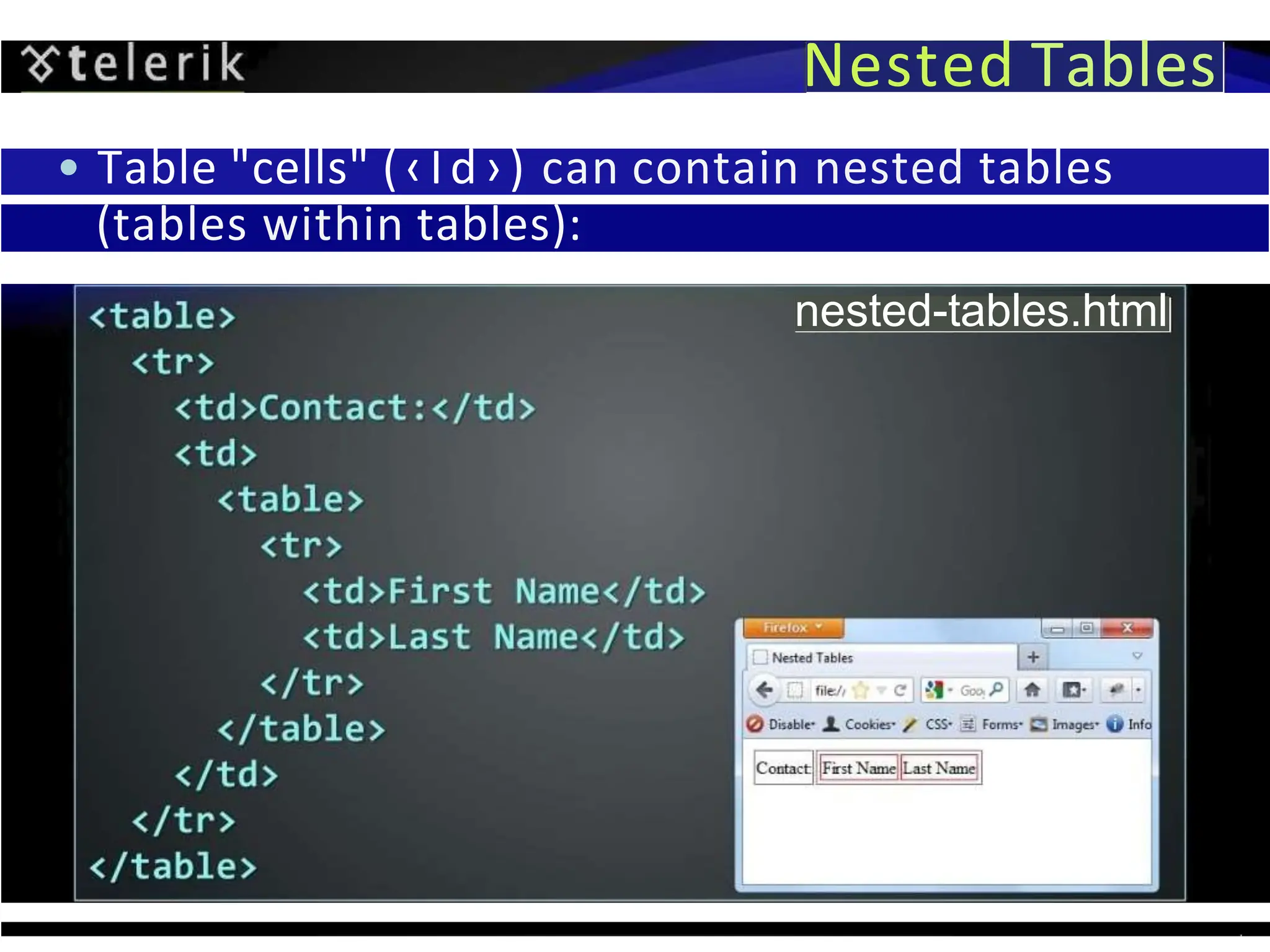 Nested Tables
• Table "cells" (‹Id›) can contain nested tables
(tables within tables):
nested-tables.html
 