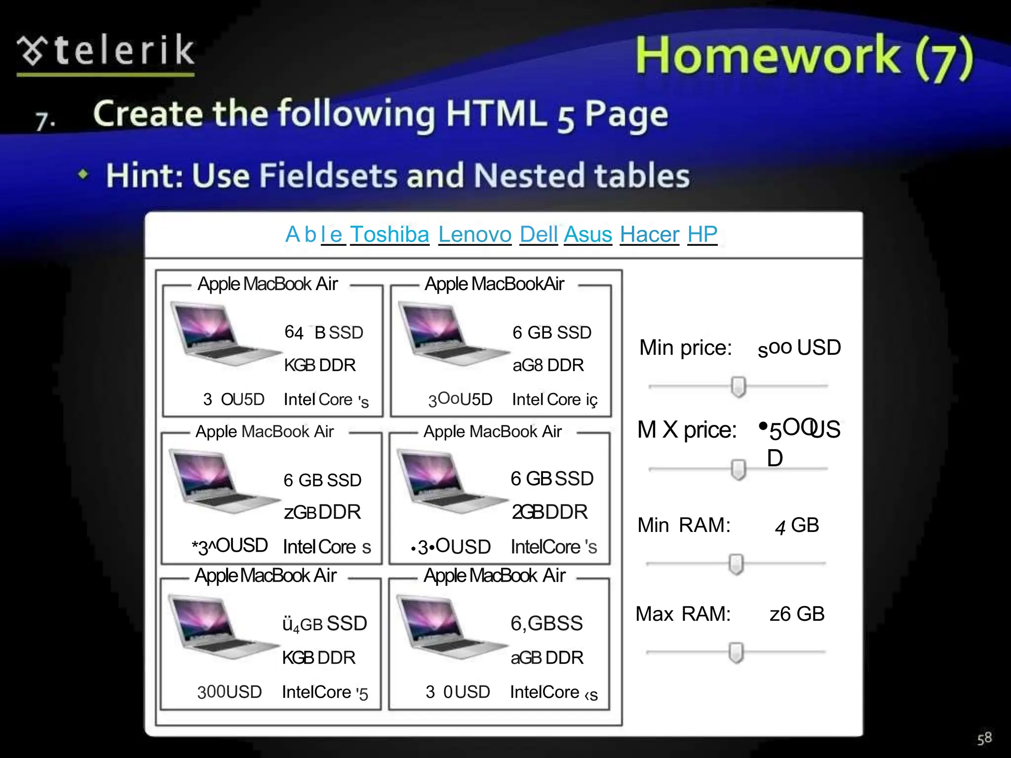 A b l e Toshiba Lenovo Dell Asus Hacer HP
AppleMacBook Air AppleMacBookAir
Min price: soo USD
M X price: •5OO
US
D
Min RAM: 4 GB
Max RAM: z6 GB
64 BSSD 6 GB SSD
KGB DDR aG8 DDR
3 OU5D Intel Core 's 3OoU5D Intel Core iç
Apple MacBook Air Apple MacBook Air
6 GB SSD 6 GBSSD
zGBDDR 2GBDDR
*3^OUSD IntelCore s •3•OUSD IntelCore 's
AppleMacBookAir AppleMacBook Air
ü4GB SSD 6,GBSS
KGBDDR aGBDDR
300USD IntelCore '5 3 0USD IntelCore ‹s
 