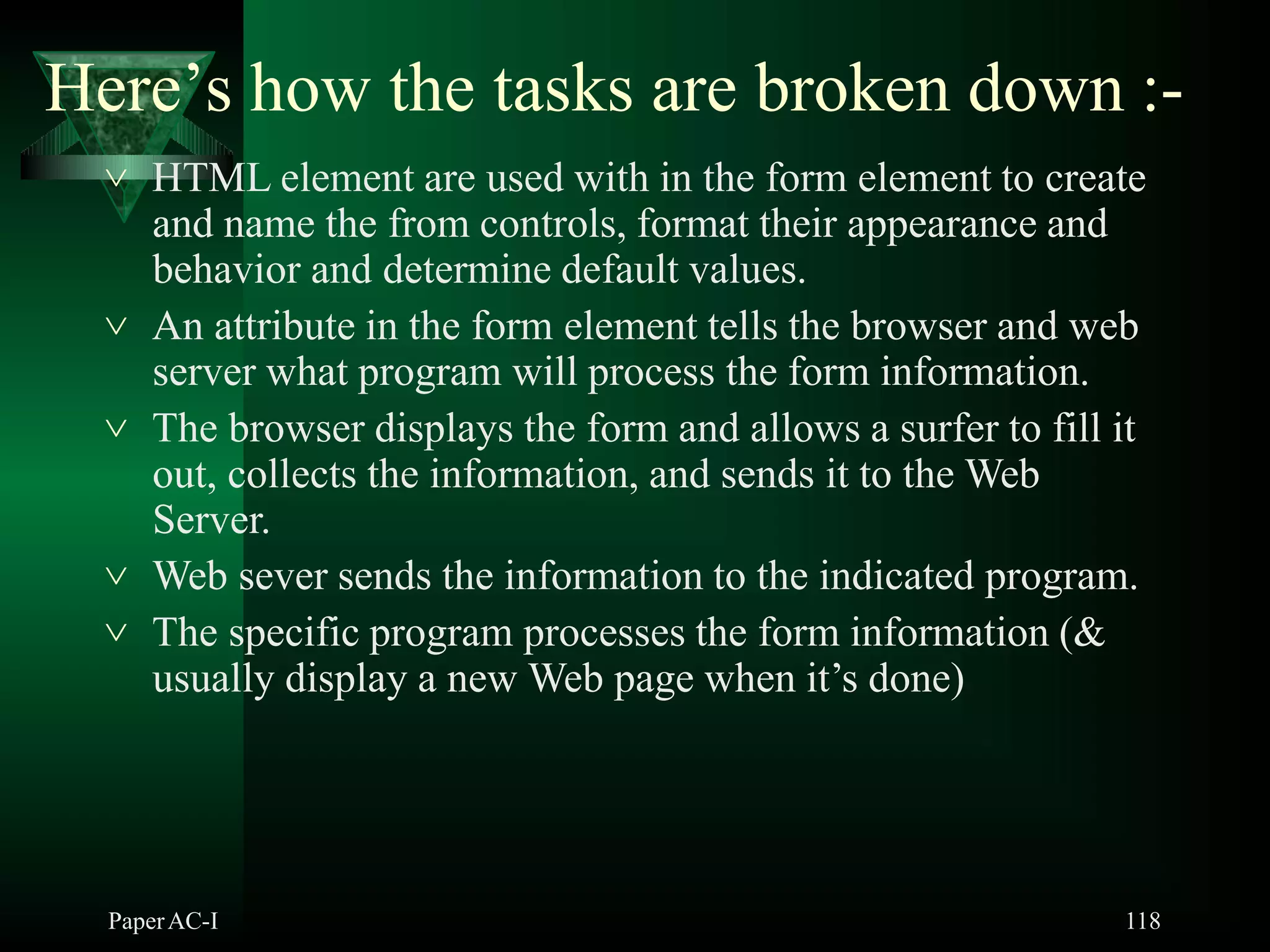 Here’s how the tasks are broken down :-
PaperAC-I 118
 HTML element are used with in the form element to create
and name the from controls, format their appearance and
behavior and determine default values.
 An attribute in the form element tells the browser and web
server what program will process the form information.
 The browser displays the form and allows a surfer to fill it
out, collects the information, and sends it to the Web
Server.
 Web sever sends the information to the indicated program.
 The specific program processes the form information (&
usually display a new Web page when it’s done)
 