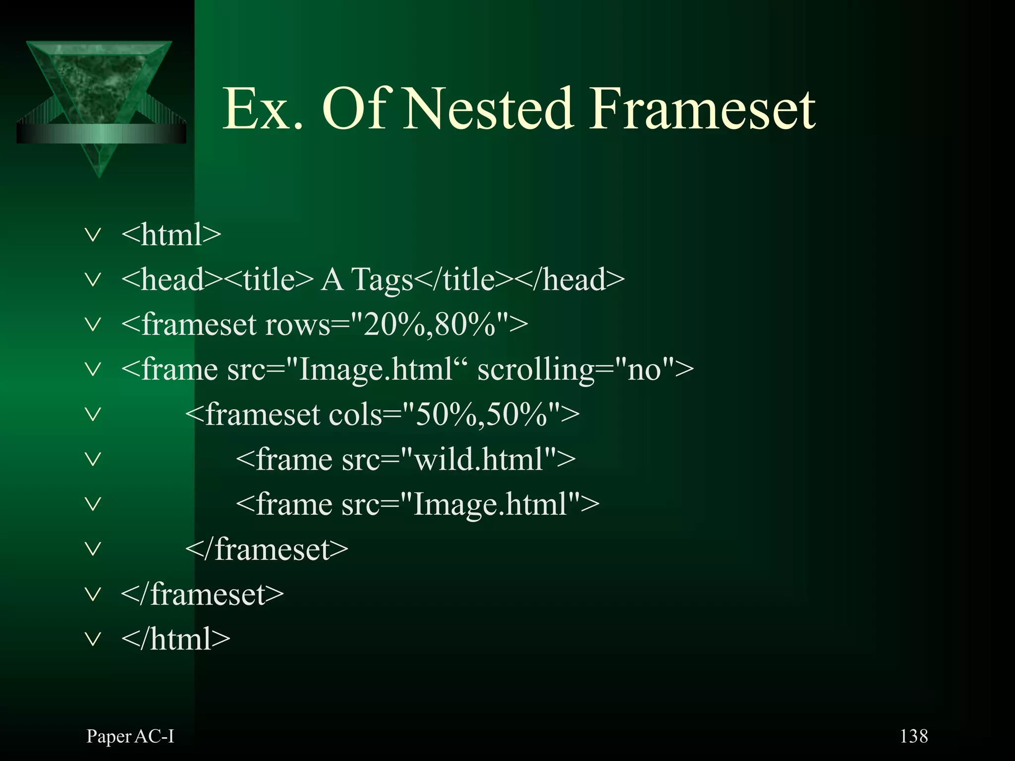 Ex. Of Nested Frameset
PaperAC-I 138
 <html>
 <head><title> A Tags</title></head>
 <frameset rows="20%,80%">
 <frame src="Image.html“ scrolling="no">
 <frameset cols="50%,50%">
<frame src="wild.html">
<frame src="Image.html">


 </frameset>
 </frameset>
 </html>
 