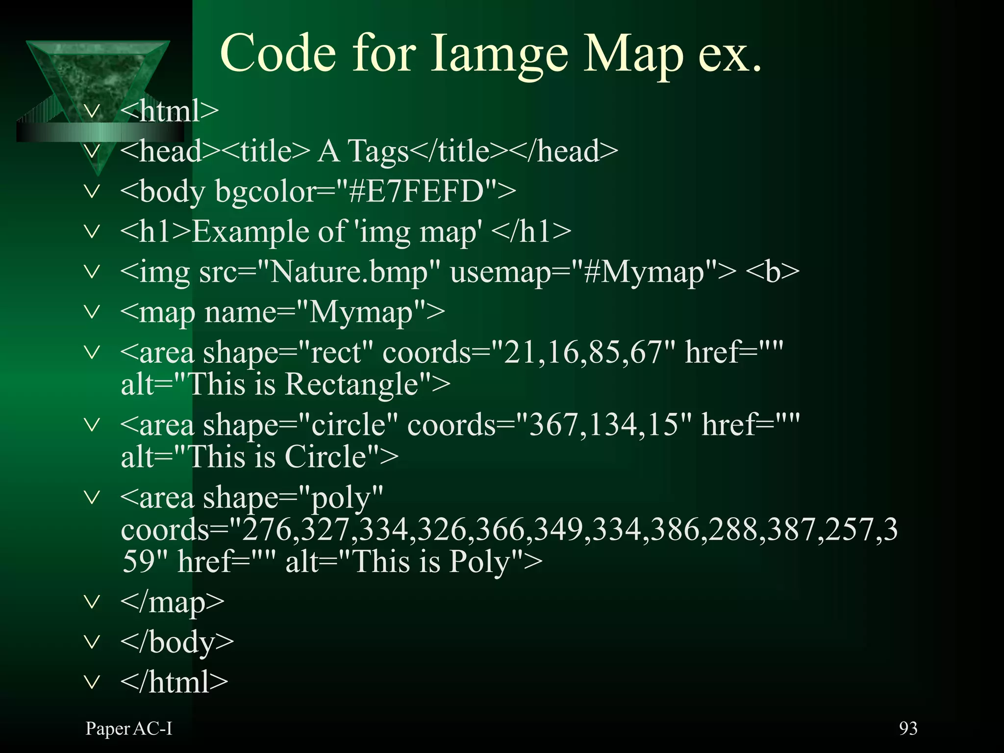 Code for Iamge Map ex.
PaperAC-I 93
 <html>
 <head><title> A Tags</title></head>
 <body bgcolor="#E7FEFD">
 <h1>Example of 'img map' </h1>
 <img src="Nature.bmp" usemap="#Mymap"> <b>
 <map name="Mymap">
 <area shape="rect" coords="21,16,85,67" href=""
alt="This is Rectangle">
 <area shape="circle" coords="367,134,15" href=""
alt="This is Circle">
 <area shape="poly"
coords="276,327,334,326,366,349,334,386,288,387,257,3
59" href="" alt="This is Poly">
 </map>
 </body>
 </html>
 