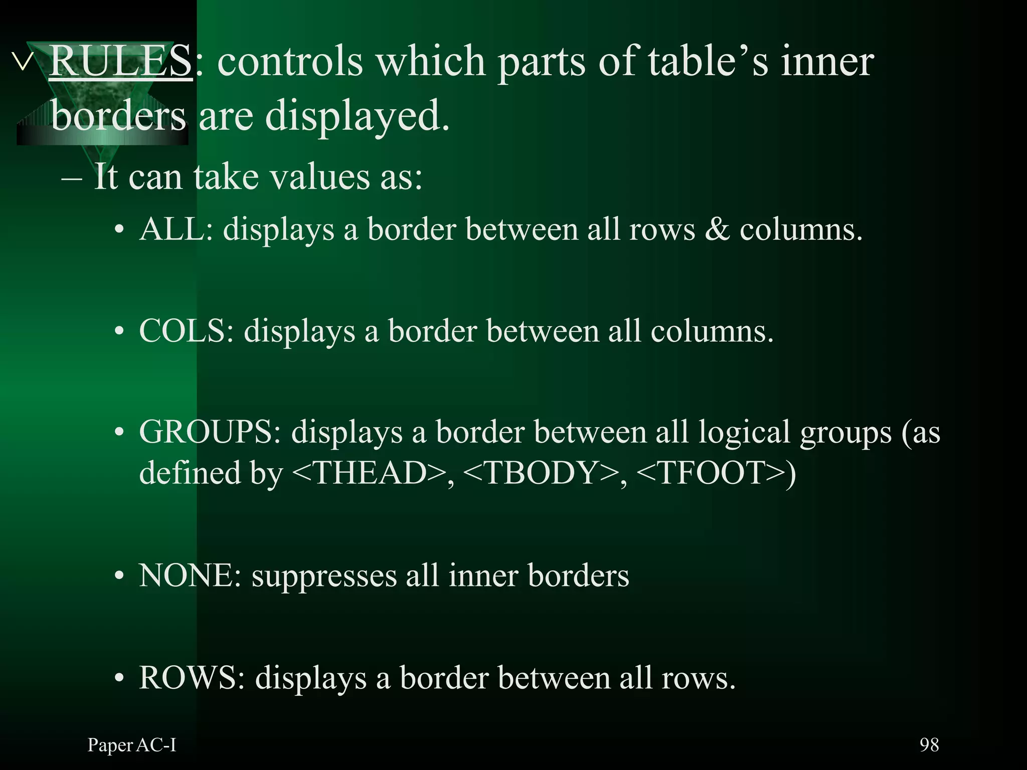  RULES: controls which parts of table’s inner
PaperAC-I 98
borders are displayed.
– It can take values as:
• ALL: displays a border between all rows & columns.
• COLS: displays a border between all columns.
• GROUPS: displays a border between all logical groups (as
defined by <THEAD>, <TBODY>, <TFOOT>)
• NONE: suppresses all inner borders
• ROWS: displays a border between all rows.
 