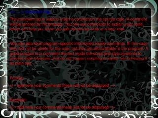 <!--...--> Comment Tag The comment tag is used to insert a comment in the source code. A comment will be ignored by the browser. You can use comments to explain your code, which can help you when you edit the source code at a later date.   You can also store program-specific information inside comments. In this case they will not be visible for the user, but they are still available to the program. A good practice is to comment the text inside the script and style elements to prevent older browsers, that do not support scripting or styles, from showing it as plain text.   Format: <!-- add here your comments these will not be displayed -->   Example: <!-- add here your comments these will not be displayed --> 