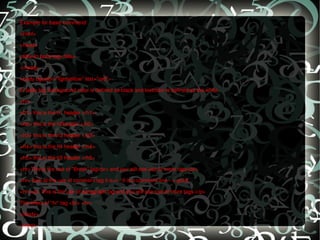 Example for basic command: <html> <head> <title>In body tag</title> </head> <body bgcolor="lightyellow" text="red"> In body tag, background color is defined as black and textcolor is defined as the white. <hr> <h1> this is the h1 header </h1> <h2> this is the h2header </h2> <h3> this is the h3 header </h3> <h4> this is the h4 header </h4> <h5> this is the h5 header </h5> <hr>This is the use of "Break" tag<br> and you will see use of more tags<br> <hr> look at the use of comment tag it is<!-- It is a comment line --> good <hr><p> This is the use of paragraph tag and you will see use of more tags </p> The effect of "hr" tag <br> <hr> </body> </html> 